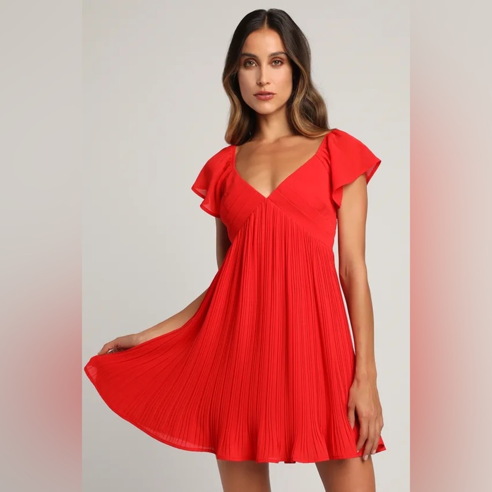 Lulus Amalfi Coast Red Pleated Flutter Sleeve Mini Dress
